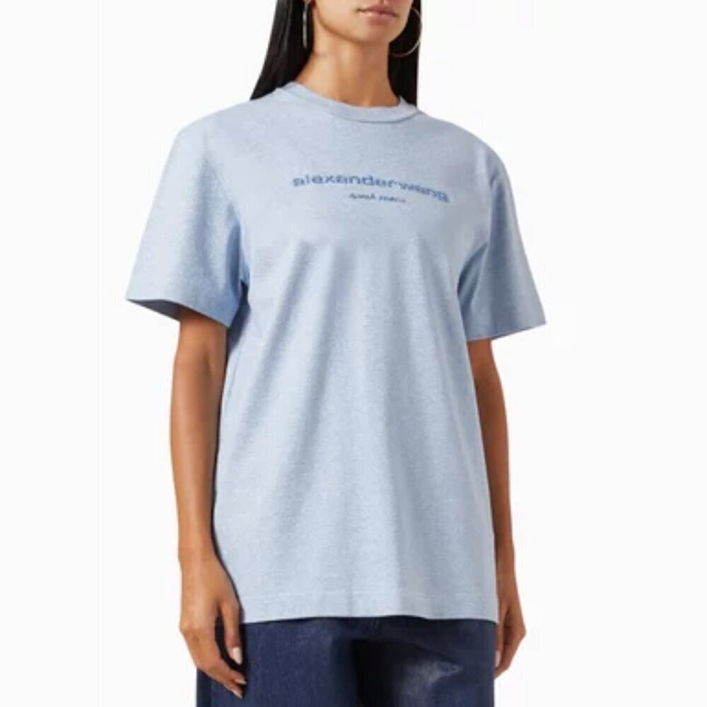 Alexander Wang Glitter Puff Logo T-shirt in Compact-Jersey Blue S